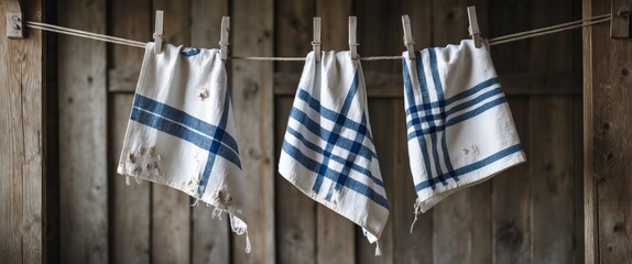 Poster - Vintage kitchen towels hanging on a clothesline against wooden background with rustic texture Copy Space