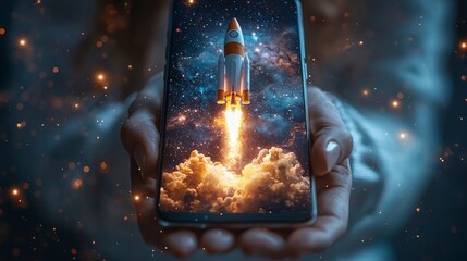 Poster - A rocket is launching from a held smartphone in a starry night setting, representing a powerful connection between human dreams and the limitless possibilities of space exploration.