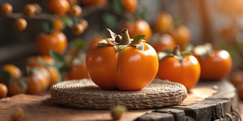 Poster - fresh ripe persimmons on a rustic wooden table with natural light and blurred background of persimmo