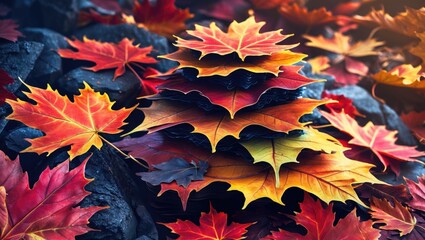 Poster - autumn leaves in vibrant colors piled on dark stones with a shallow depth of field natural photograp