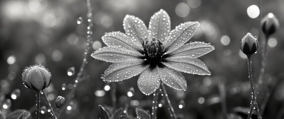 Poster - black and white close-up of a flower with dew drops and blurred background featuring other buds and 