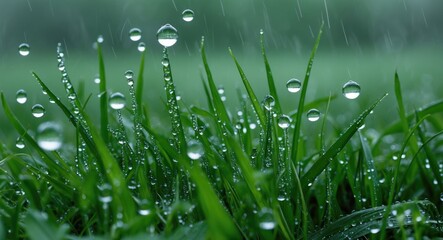Poster - lush green grass covered in dew drops with a soft blurred background and natural light creating a fr