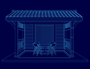 Poster - A blue drawing of a small covered porch with chairs and a table. The chairs are facing each other and the table is in the middle. The porch has a roof and a railing