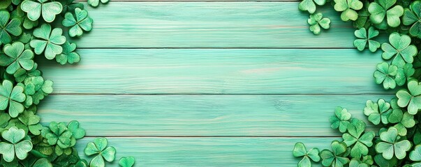 Wall Mural - A vibrant wooden background adorned with lush green clovers, creating a refreshing and natural aesthetic perfect for various themes.