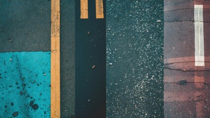 Poster - abstract aerial view of colorful urban road surfaces featuring asphalt, paint stripes, and texture v