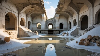 Poster - ruins of abandoned industrial building with arched architecture and reflected water surface in foreg