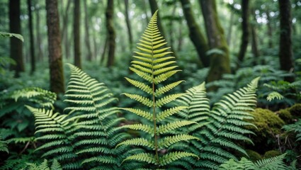 Poster - lush green fern leaves in a dense forest background with softly blurred trees providing natural text
