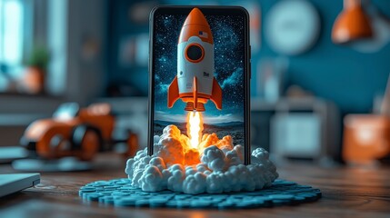 Poster - This striking image features a miniature rocket launching from a smartphone, surrounded by billowing clouds and a starry background, symbolizing dreams and aspirations.