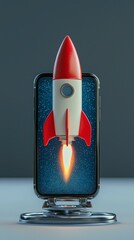 Poster - This sleek image showcases a stylish rocket taking flight from a smartphone, amid a backdrop of soft clouds, embodying innovation, creativity, and the excitement of exploration.