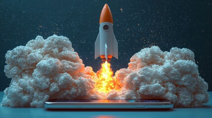 Poster - A vibrant rocket is depicted launching from a smartphone, surrounded by fluffy clouds and fiery effects, symbolizing innovation and the fusion of technology with imagination.