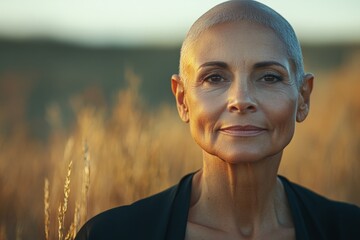 Poster - Portrait of a woman in a golden field during sunset expressing calmness and serenity