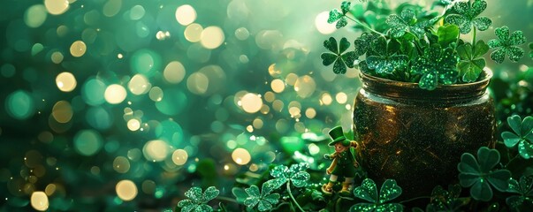 Wall Mural - A sparkling green scene featuring a pot filled with clovers, surrounded by shimmering bokeh lights.