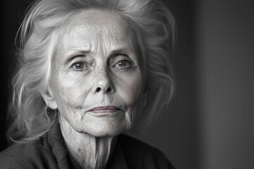 mature woman with striking features gazes thoughtfully at the viewer in soft lighting