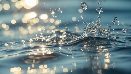 Poster - Close-up of water splash with droplets and reflections in soft focus creating bokeh effect Copy Space
