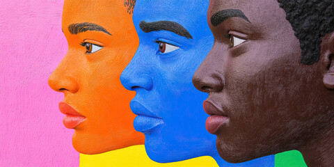 Poster - Three Profile Portraits in Orange, Blue, and Brown