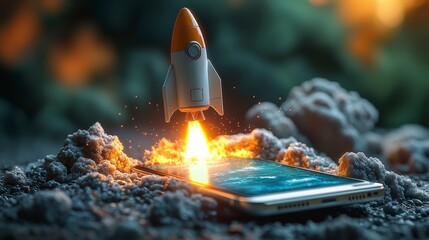 Poster - This image showcases a vibrant rocket launching dramatically from a smartphone screen amidst clouds of astral smoke, symbolizing innovation and technological advancement.