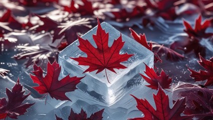 Poster - red maple leaves on ice with water droplets and frosted surface in autumn composition suitable for s