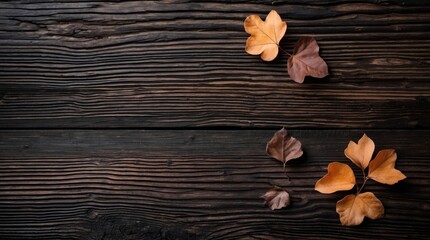 Poster - autumn leaves on dark wooden background with textured surface and natural lighting suitable for natu