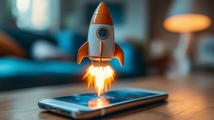 Poster - A playful scene where a rocket is taking off from a smartphone display, enveloped in clouds, illustrating the synergy between technology and human dreams of exploration.