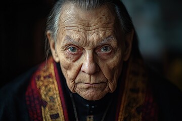 Poster - Portrait of an elderly person with deep-set eyes and intricate facial lines, showcasing wisdom and experience