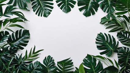 Poster - tropical green leaves arranged in a circular frame on a white background with copy space for text in
