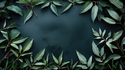 Poster - green leaves arranged around a dark background with organic texture providing ample copy space for t