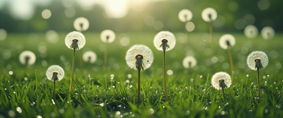 Poster - Dandelions with white fluffy heads on a green grassy field with sunlight and bokeh effect Copy Space