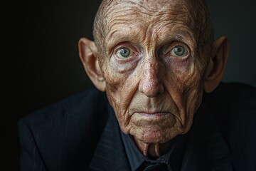 Poster - Elderly man with deep wrinkles and piercing eyes gazes intently, showcasing a wealth of life experience and emotion