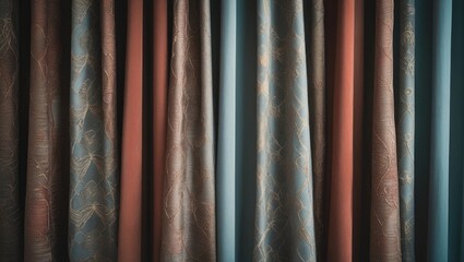 Poster - Textured fabric curtains in various colors including red, blue, and gold with intricate patterns hanging vertically against a neutral background Copy Space