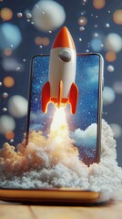 Poster - An impressive image showcasing a rocket surging upwards from a mobile display amidst creative clouds, encapsulating the essence of innovation and human hope for the future.