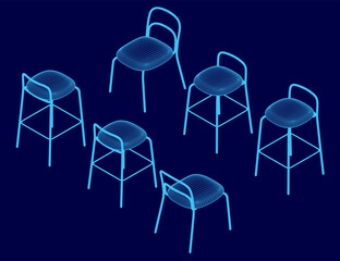 Poster - A blue image of six chairs with a blue background. The chairs are all different sizes and shapes, but they all have a similar design. Concept of order and uniformity. Isometric view
