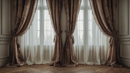 Poster - elegant drapes with intricate patterns framing a bright window in a classic interior, showcasing woo