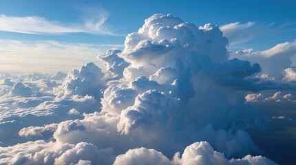 Poster - aerial view of fluffy cumulus clouds in a bright blue sky with gentle light and texture variations, 