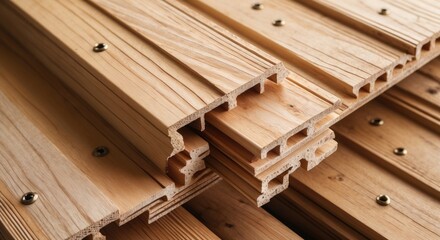 Poster - close-up of stacked wooden planks with grooves and screws, showcasing natural grain and texture, ide