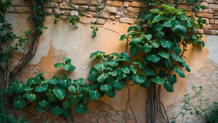 Poster - green leafy vines climbing an old stone wall with textured background and natural light copy space