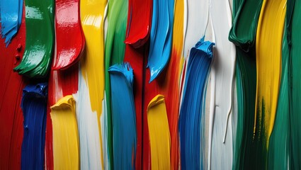 Poster - Colorful paint strokes on a textured background with vibrant hues of red, yellow, blue, green, and white, ideal for artistic design, Copy Space