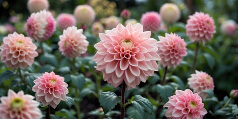 Poster - Pink dahlia flowers in bloom with green foliage in a garden setting suitable for text placement Copy Space