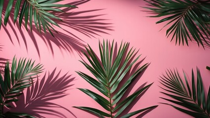 Poster - green palm leaves casting shadows on a pink background with texture natural light copy space