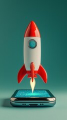 Poster - This artistic representation depicts a stylized rocket launching from a smartphone, symbolizing the fusion of technology and imagination in today's digital age.