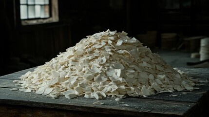 A heap of wood shavings on an aged wooden surface, illuminated by gentle, warm light