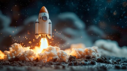 Poster - A white rocket launches amidst a cloud of smoke and colorful lights, combining imagination and technology to evoke feelings of exploration and adventure.