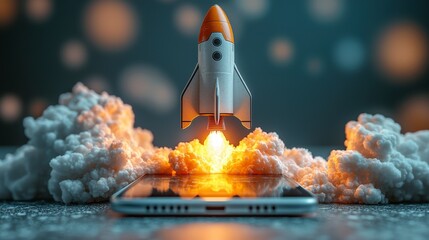 Poster - A colorful rocket takes off from a smartphone, producing bright flames, capturing the spirit of innovation and the imaginative nature of technology in a playful setting.