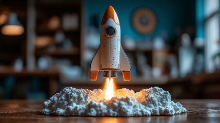 Poster - A rocket elevates from a smartphone, surrounded by bright fluffy clouds, symbolizing technological advancement and the limitless potential of creativity.