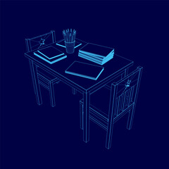 Poster - a blue table with a chair and a pencil holder. the pencil holder has a few pencils in it. there are 