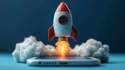 Poster - A playful rocket emerges from a smartphone screen, creating a vibrant scene filled with clouds and bursts of fire that symbolize innovation and digital creativity.