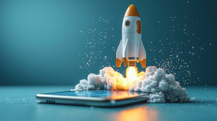 Poster - A visually striking image of a rocket ascending from a smartphone, surrounded by vibrant clouds, illustrating the merger between digital technology and imaginative exploration.