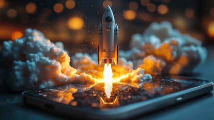 Poster - An imaginative illustration of a futuristic rocket taking off from a smartphone, enveloped in clouds and flame, representing the interplay of technology and human aspiration.