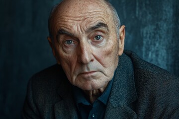 Poster - Senior man with expressive gaze in a dark setting reflecting wisdom and experience