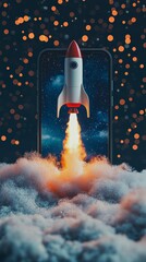 Poster - This image showcases a vibrant rocket launching from a smartphone, surrounded by clouds and a starry cosmic backdrop, symbolizing innovation and exploration in technology.