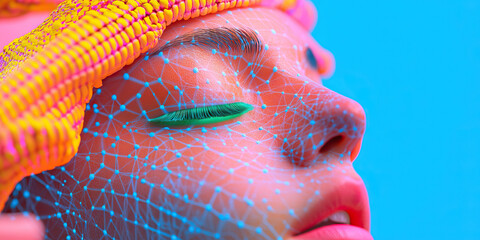 Poster - close-up of face with corn cob headdress and network pattern